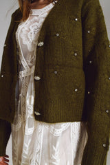 Cardigan with knitted flowers and embellished details