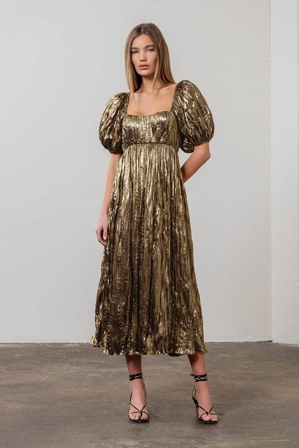 Puff Sleeve Gold Maxi Dress