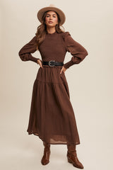 Long Sleeve Smocked Bodice Ruffle Maxi Dress