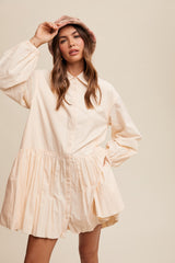 Button Down Collared Long Sleeve Bubble Hem Dress