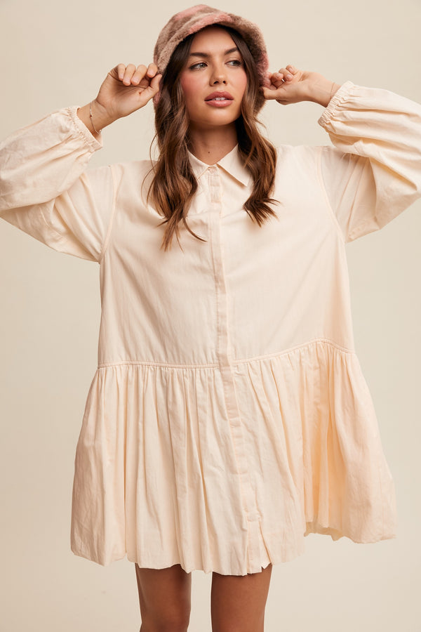 Button Down Collared Long Sleeve Bubble Hem Dress