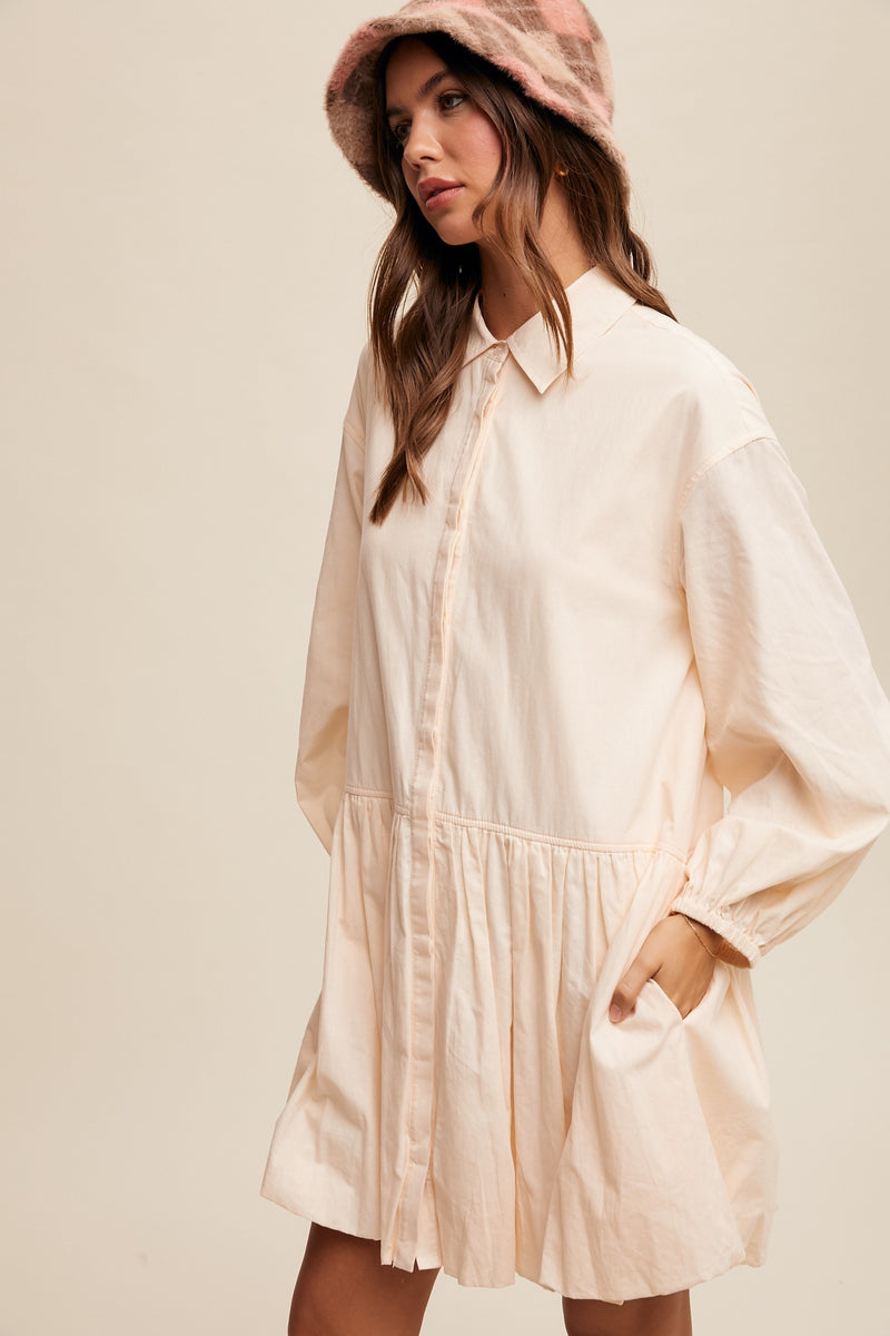 Button Down Collared Long Sleeve Bubble Hem Dress