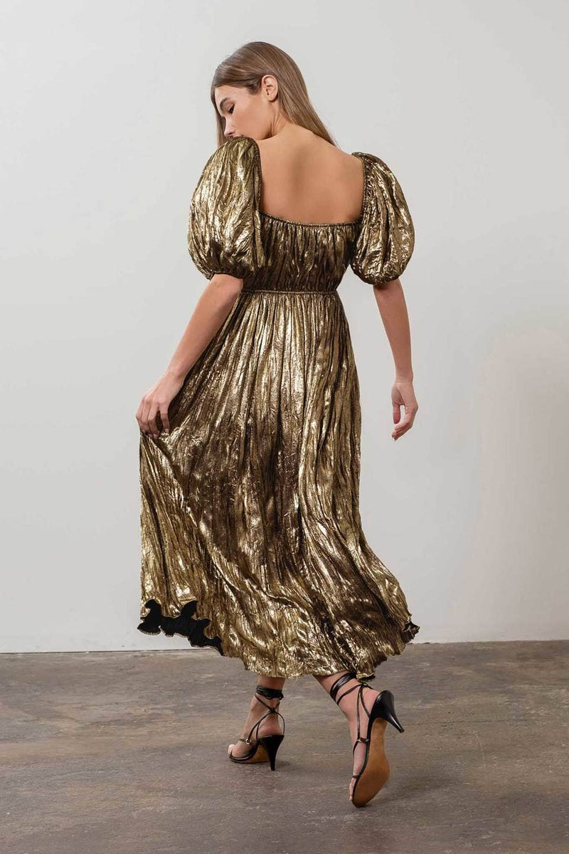 Puff Sleeve Gold Maxi Dress