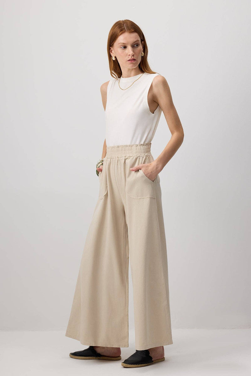 Elastic Waist Wide-Leg Cotton Pants