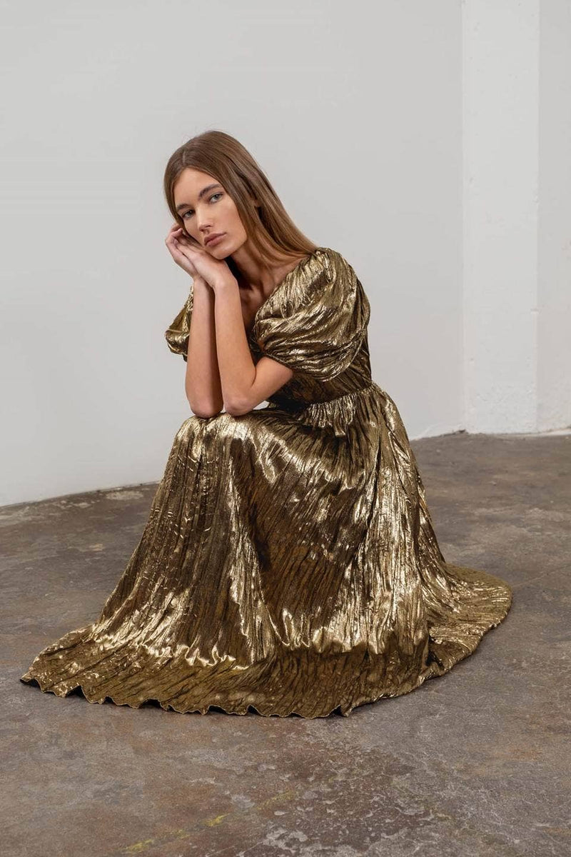 Puff Sleeve Gold Maxi Dress