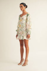 Long Sleeve Sweetheart Ruffled Hem Mini Dress