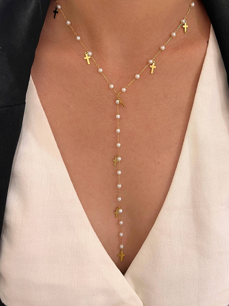 Crosses & Pearls Long Necklace