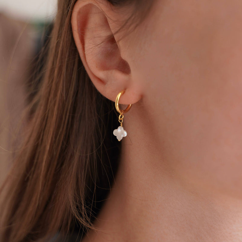 Small Hoop Earrings with Mother-of-Pearl Clover Pendant