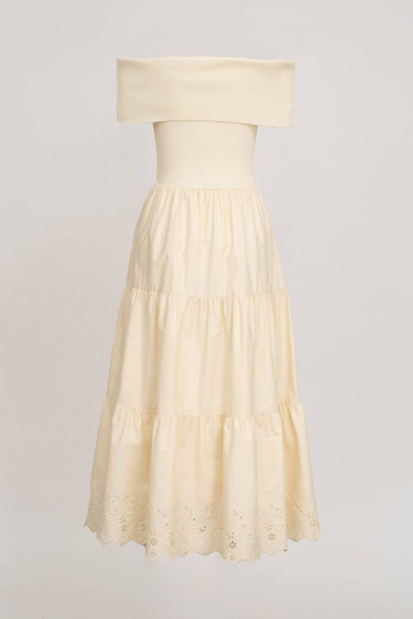 Off the Shoulder Tiered Eyelet Midi Dress