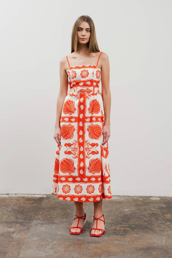 Sea Print Scallop Midi Dress