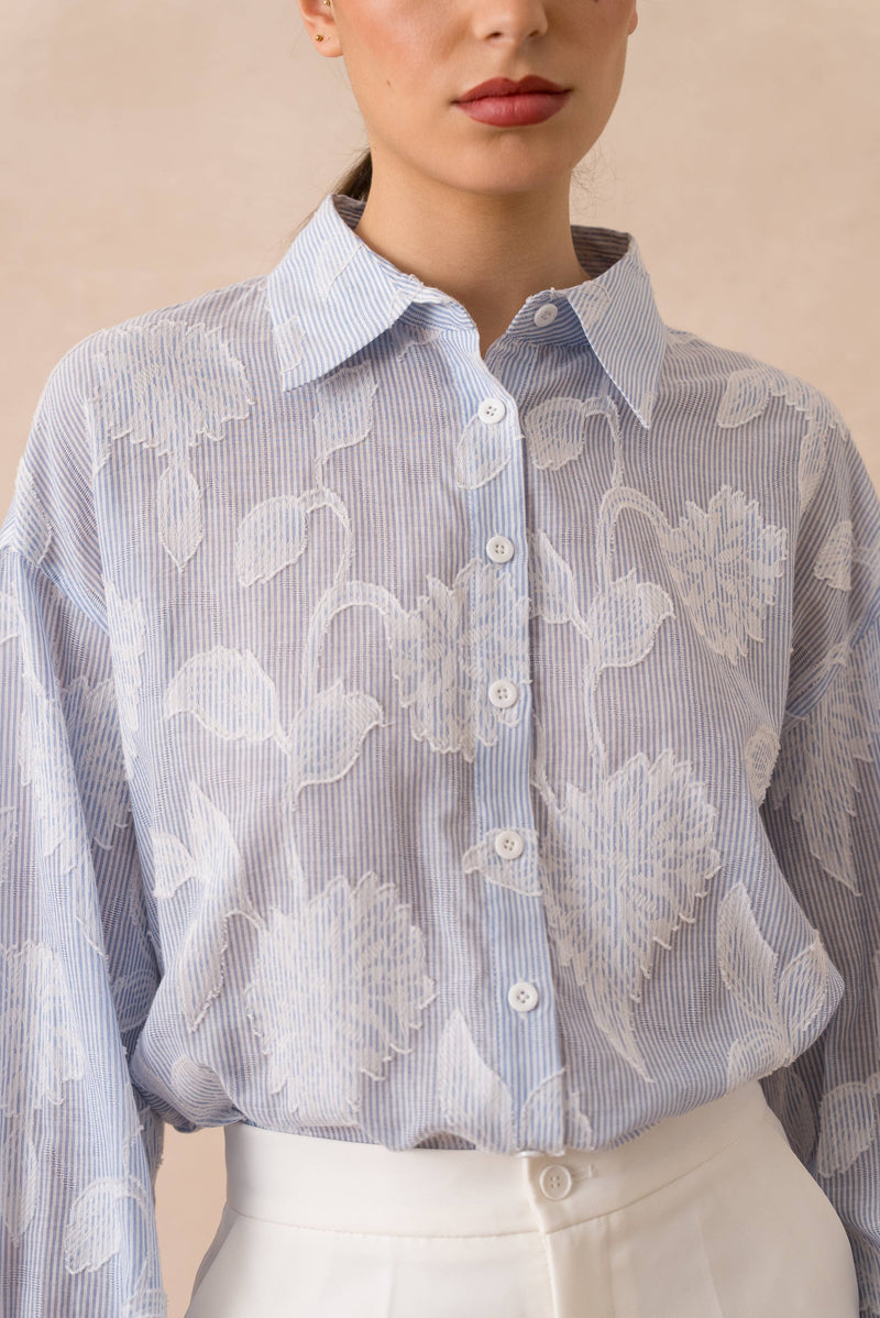 Striped cotton shirt with floral embroidery